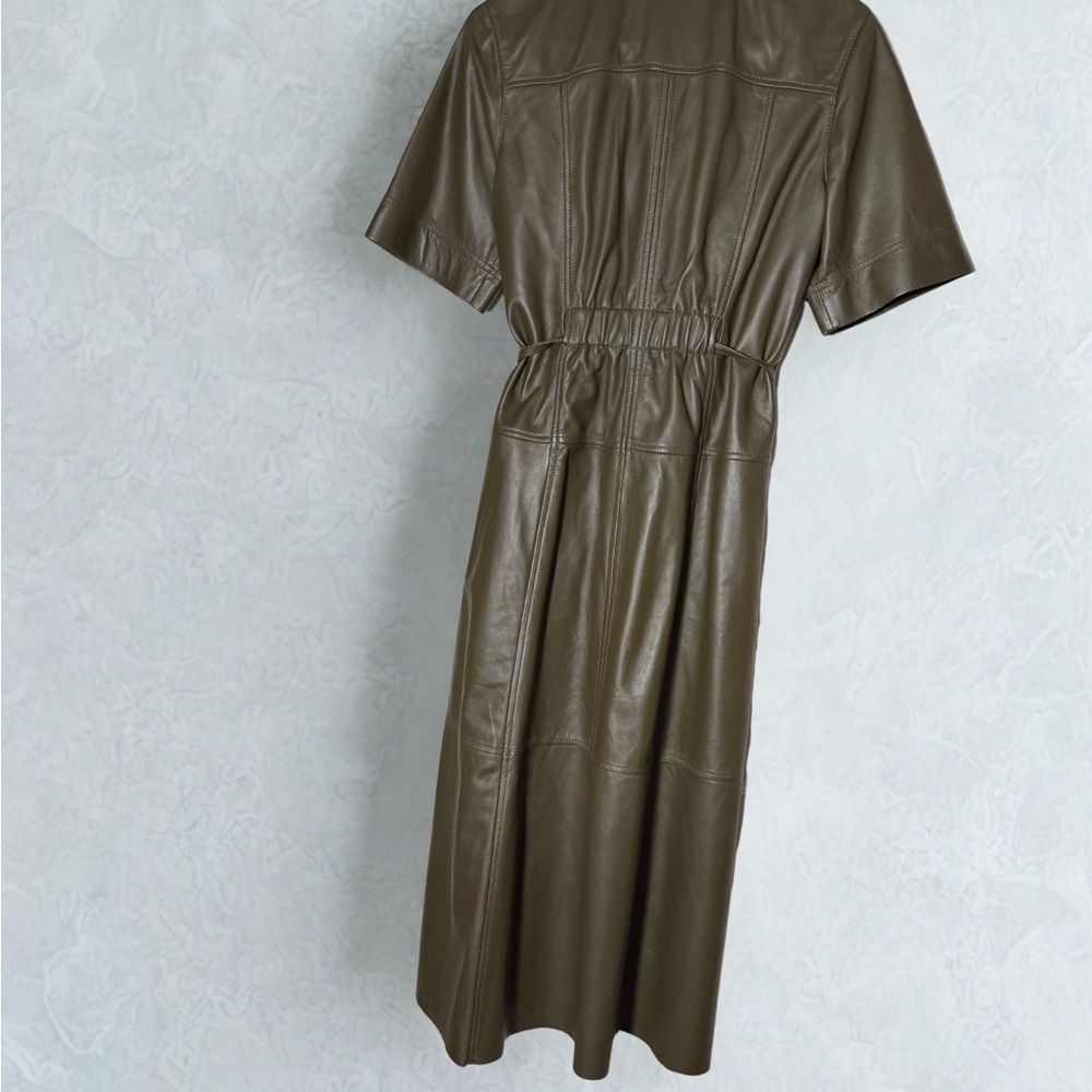 ME+EM Leather Intense Olive Midi Dress w/ Belt-Zip Front Short Sleeve US 8 - Picture 7 of 11